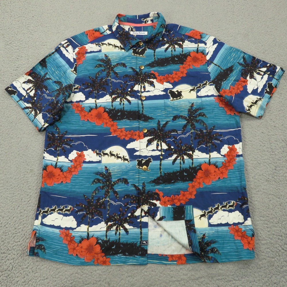 Tommy Bahama Shirt Mens XL Silk Christmas Hawaiian Reindeer Button Up Blue